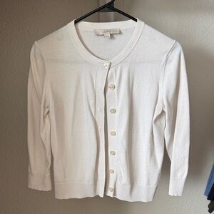 LOFT Women's Cream Button-Up 3/4 Length Sleeve Cardigan
